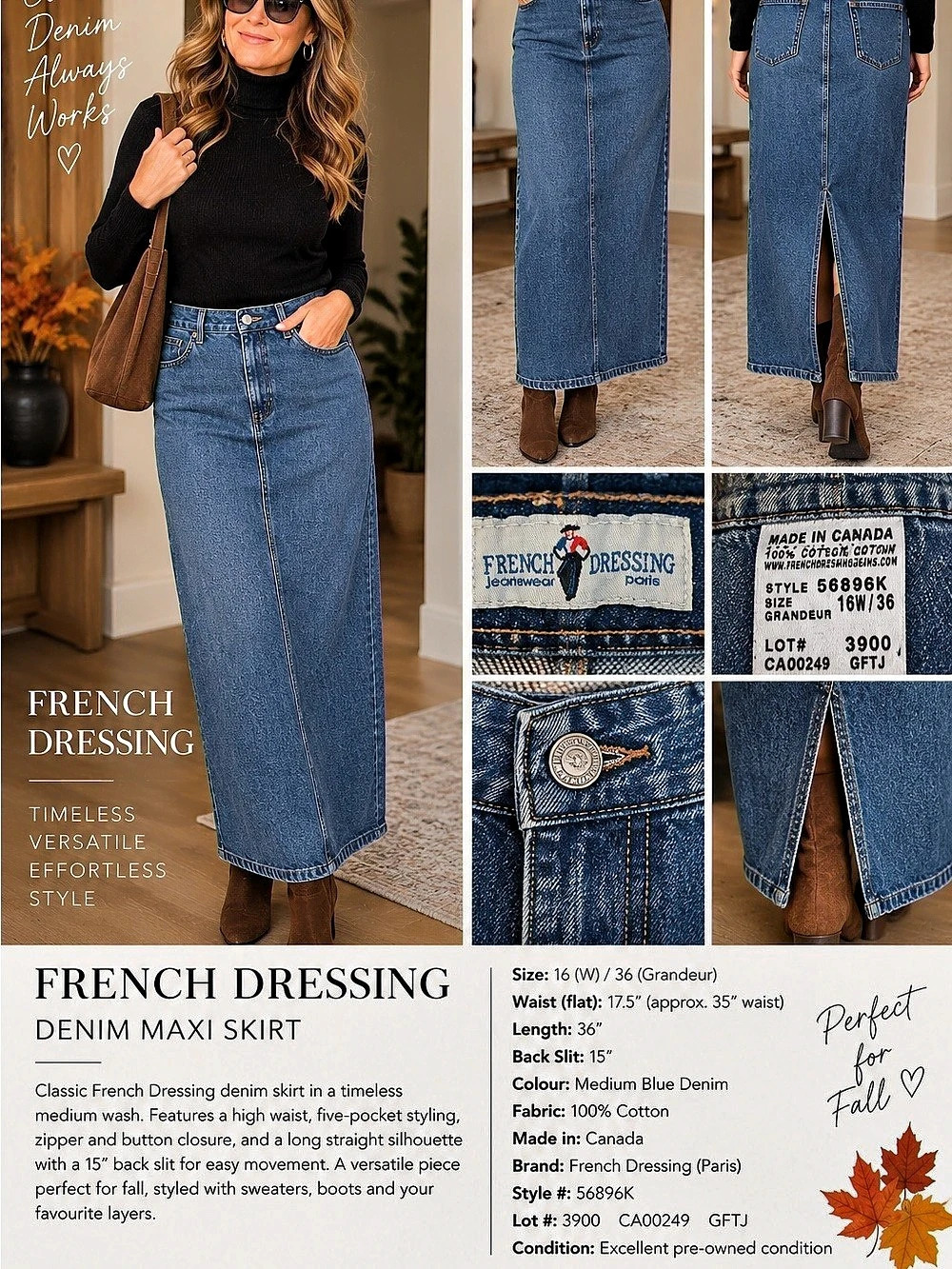 17.5 W French Dressing Denim Maxi Skirt Blue 16W Like New